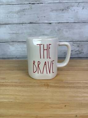 Rae Dunn White Ceramic "The Brave" Mug with Red Lettering Double Sided